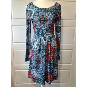 Dou BCQ Dress Mandala Print Soft Long Sleeve Casual Dress Bohemian Small Pockets